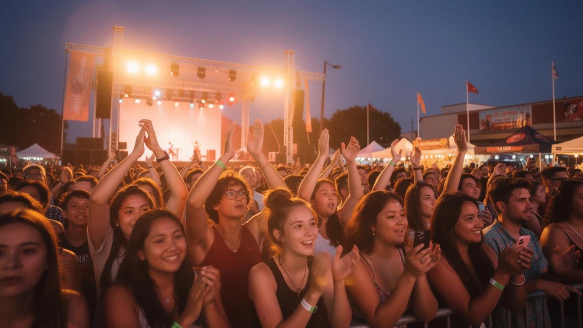 Young festival crowd at dusk in front of a lit open-air stage