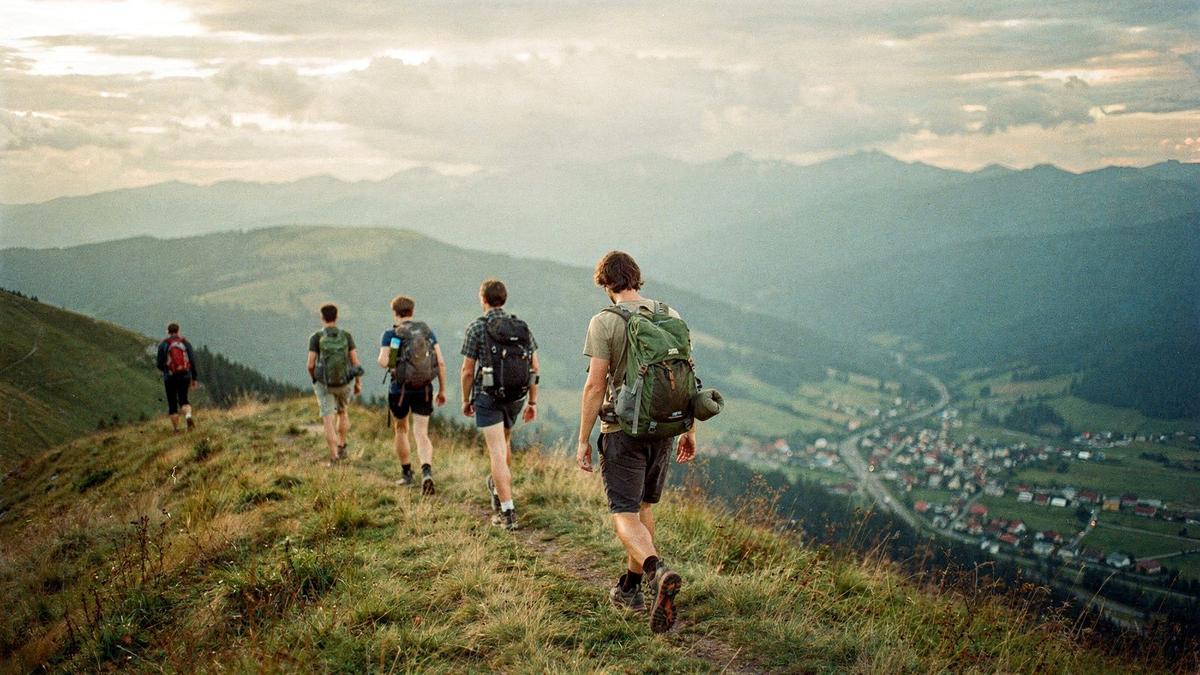 Young travellers walking a Carpathian ridge line above a mountain village